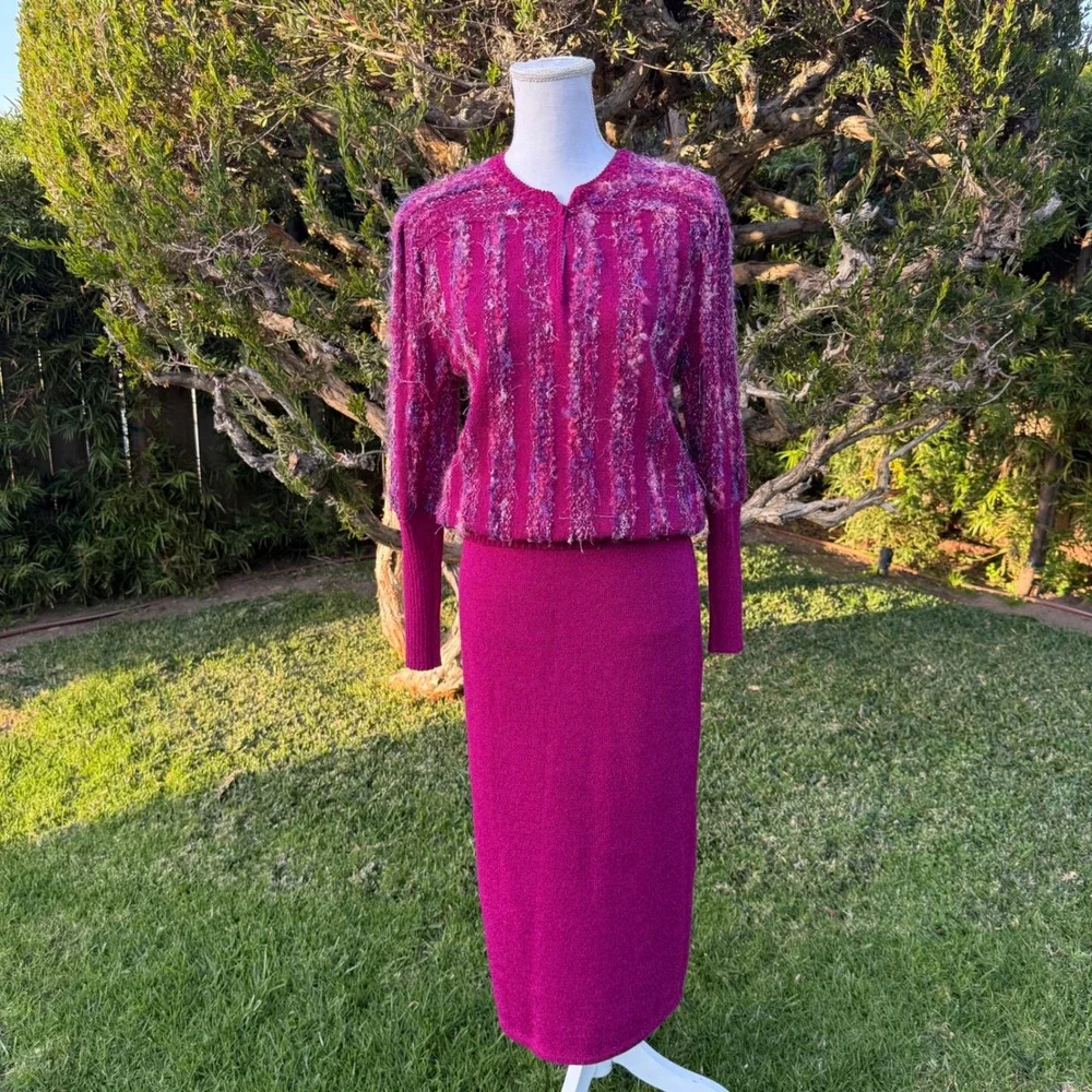 Jessica Knits Two Piece Skirt Set Magenta Metallic Sparkle Knit Midi Medium VTG - Picture 14 of 16